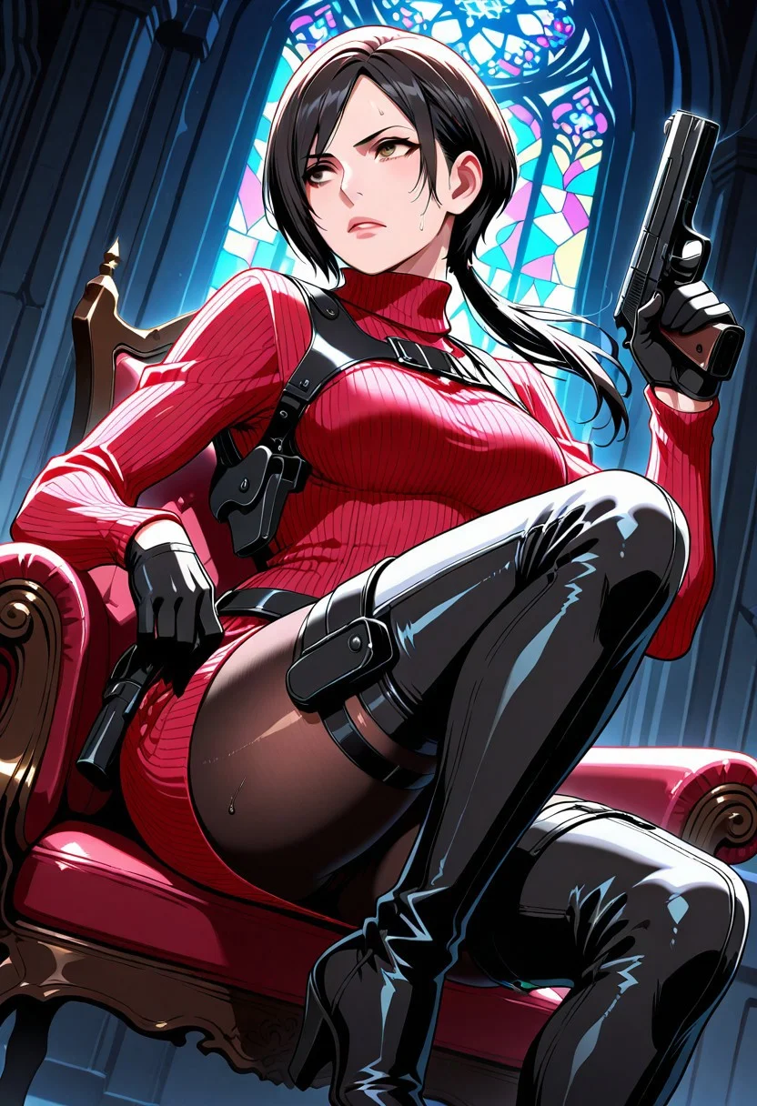 masterpiece, best quality, amazing quality, very aesthetic, absurdres, newest, 8K, depth of field, focused subject, explicit, BREAK 1girl, solo, adawongre4, black hair, brown eyes, turtleneck, sweater, harness, belt, gloves, holster, thighhigh boots, pantyhose, breasts, shiny hair, shiny skin, wet hair, wet skin, wet body, BREAK gun, handgun, holding gun, weapon, glowing gun, gun reflection, light reflecting on gun, shiny gun, metallic shine, glowing weapon, (aiming gun to the side), one leg on chair, foot on chair, posing with foot on chair, raised leg on chair, church, gothic church, stained glass, cathedral interior, stained glass reflections, colored light shafts, light scattering, dark environment, low light, shadowy interior, minimal lighting, dimly lit, moody atmosphere, night, cinematic lighting, darkness, combat pose, ready stance, serious expression, focused eyes, heroic composition, heroic angle, wind blowing hair, blowing hair, BREAK anime coloring, dynamic angle, dynamic pose, dutch angle, BREAK source_anime, anime, anime screencap, anime coloring, flat anime, official art,official style, beautiful detailed eyes, masterpiece, best quality, good quality, very aesthetic, 8k, high score, great score, looking to the side, looking away, <lora:anime_screencap-IL v-pred:0.8>, <lora:Ada_Wong_Resident_Evil_4_Remake_Illustrious:0.6>, <lora:[EROQUIS! (Butcha-U)] GAME OVERS-RE (Resident Evil) ArtistCG Style Illustrious:0.4>,