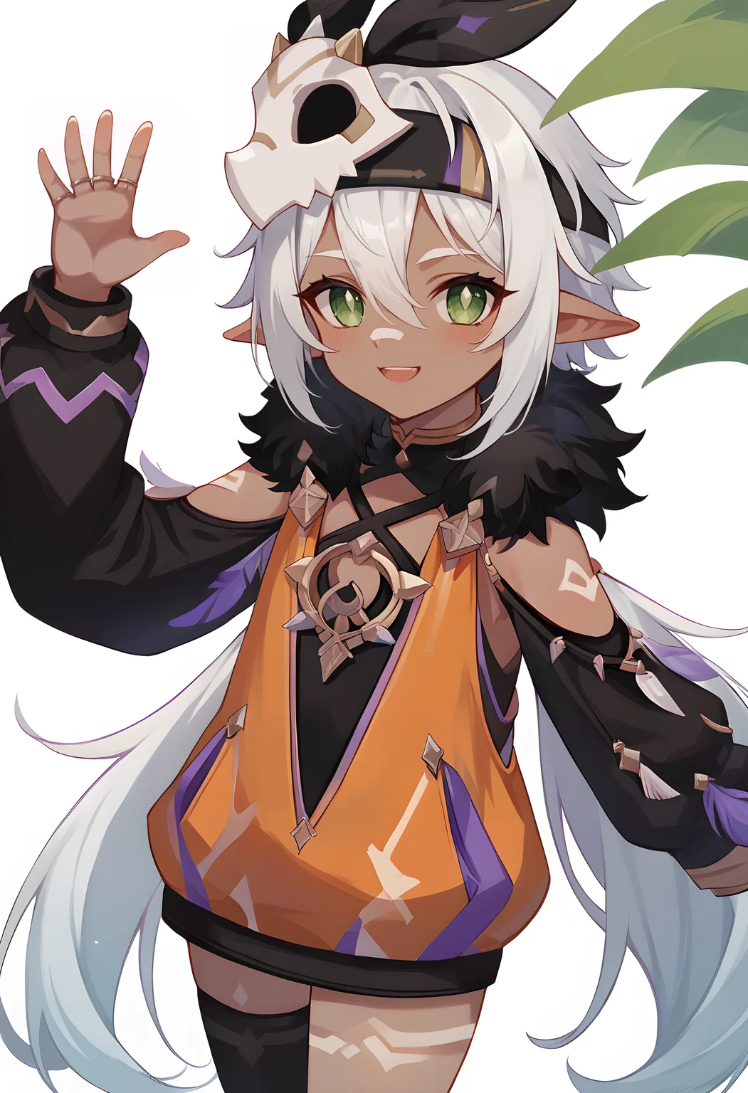 score_9_up,score_8_up,score_7_up,<lora:GI_Iansan_v1.0_PONY-000014:1>,
GI_Iansan,solo,1girl,green eyes,hair between eyes,hair ornament,long hair,puffy sleeves,dark skin,single thighhigh,pointy ears,low twintails,fur trim,smile,black thighhigh,facial mark,white hair,orange dress,tattoo,ring,waving,
white_background,simple_background