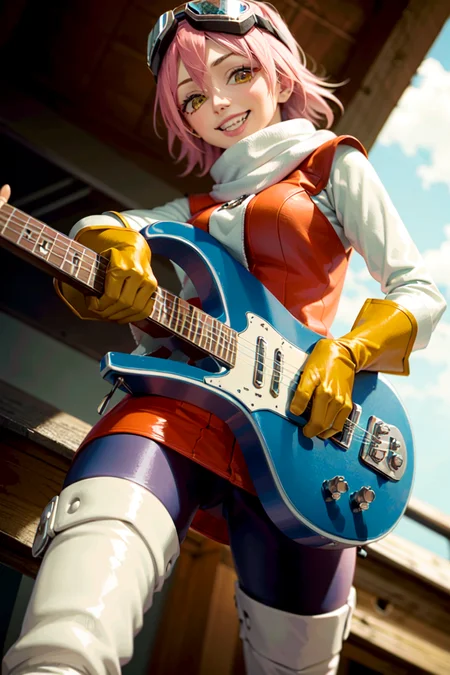 (masterpiece, best quality:1.2), haruko, flcl, 1girl, solo, grin, (holding, blue bass guitar,:1.1) pink hair, short hair, yellow eyes, red dress, white long sleeves, (yellow gloves:1.1), black pants, white boots, white scarf, (goggles on head:1.1), (playing instrument:1.1) <lora:HARUKO-13:0.7>