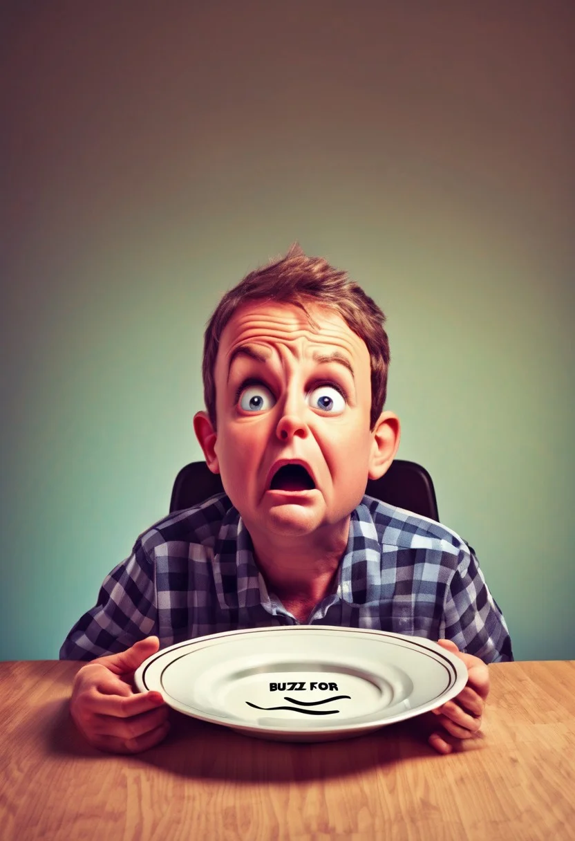 The child is crying with an empty plate in front of him, on top of the plate is the word 'buzz', text at the top of the image saying 'sponsor the buzz for this child'
