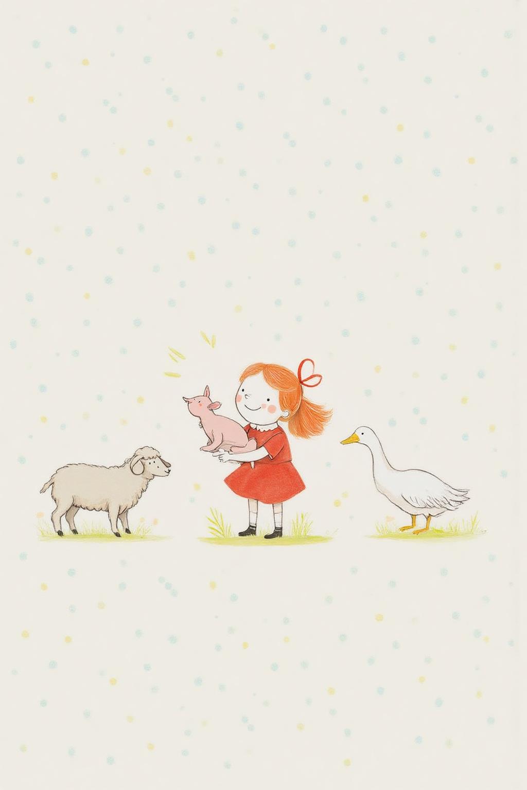 al1ca Illustration. 
gawi1 illustration. 3/4 view of a young girl, with light reddish hair tied in a ponytail with a red ribbon. She is wearing a red short-sleeved shirt with a white collar. She is holding a small piglet in her arms. The piglet is shown in side profile, looking up. There is a sheep on the left side. There is a goose on the right side of the image.  <lora:al1ca1_cap_d6a3e11:1.0><lora:828084598488528231:0>