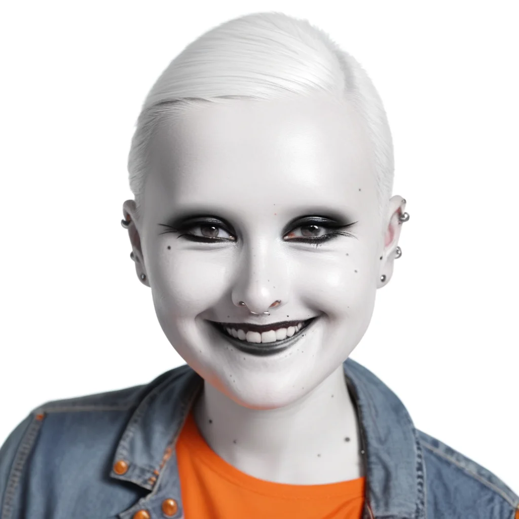 portrait, br0wl3ss, orange hoodie, solo focus, makeup, greyscale, simple background, smile, mole under eye, white background, piercing, denim jacket