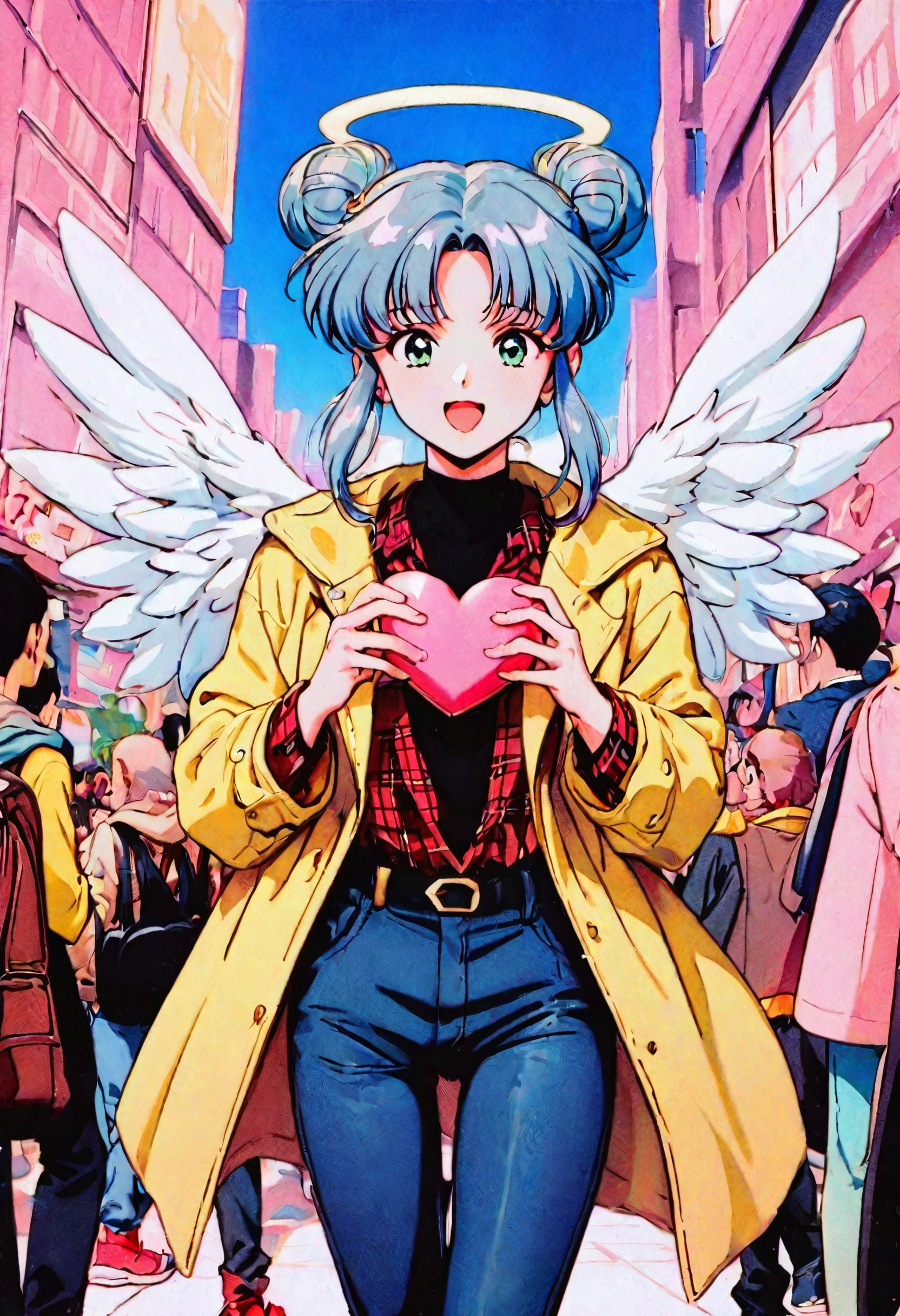 <lora:ZG9sb3JzaWxlbnRpdW0=-noobaiXL_eps_v110_V1-CAME-000035>, ZG9sb, retro artstyle, 1990s \(style\), halo, jeans, denim, heart, wings, pants, jacket, angel wings, angel, hair bun, double bun, bag, blue pants, white wings, yellow jacket, people, smile, backpack, crowd, solo focus, open mouth, sidelocks, holding heart, long sleeves, looking at viewer, feathered wings, shirt, sneakers, holding, black bag, 6+boys, walking, parted bangs, red footwear, plaid, brown bag, outdoors, open clothes, blue hair, multiple boys, 1girl, hood, belt, black pants, hat, green eyes, aqua eyes, bald, shoes, plaid shirt, open jacket, black shirt, :d, blue sky, straight-on, shoulder bag, film grain, multiple others, hoodie, sky, standing, black belt, day, coat, cowboy shot, yellow coat, grey hair