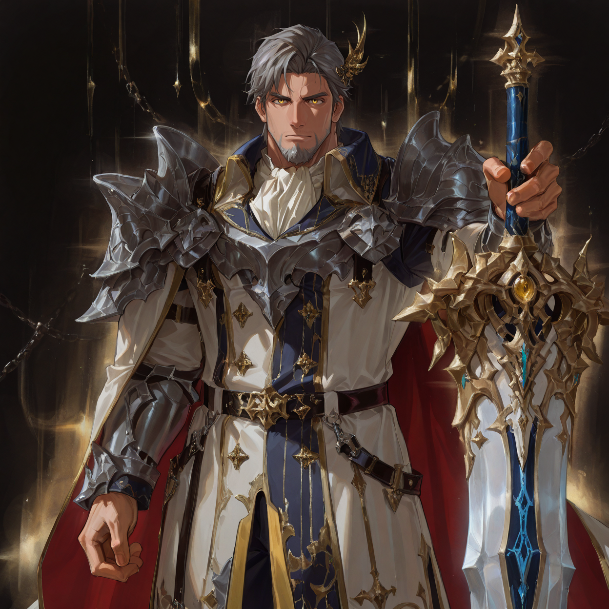 <lora:Zain_Alchemist_Code-000003:.8>, (tagatamezain, 1boy, short hair, grey hair, yellow eyes, hair ornament, solo, male focus, manly, mature male, bara, muscle body, armor, coat, ascot, cape, pants, shoes, greatsword,)
looking at the viewer, cowboy shot, 
(very short hair, beard, bara, mature, facial hair, stubble, beard, full beard, sideburn, beard, a lot of beard, ), facial hair,male focus, muscular male, muscular male, bara, mature,  bara, mature, aixiwuganda_(20222192), very awa, masterpiece, best quality, absurdres, newest, perfect quality, detailed background, intricate details,
<lora:slider_Body Type_alpha1.0_rank4_noxattn_last:3><lora:Anime Summer Days 2 Style SDXL_LoRA_Pony Diffusion V6 XL:.6><lora:slider_cfg_scale_boost:.7><lora:Artist6p:.55>, Artist6p, Artist04p,<lora:slider_il_brightness_slider_d1:-1><lora:slider_il_contrast_slider_d1:-1><lora:slider_DarkSlider1.2_alpha1.0_rank16_full_300steps:-.6>