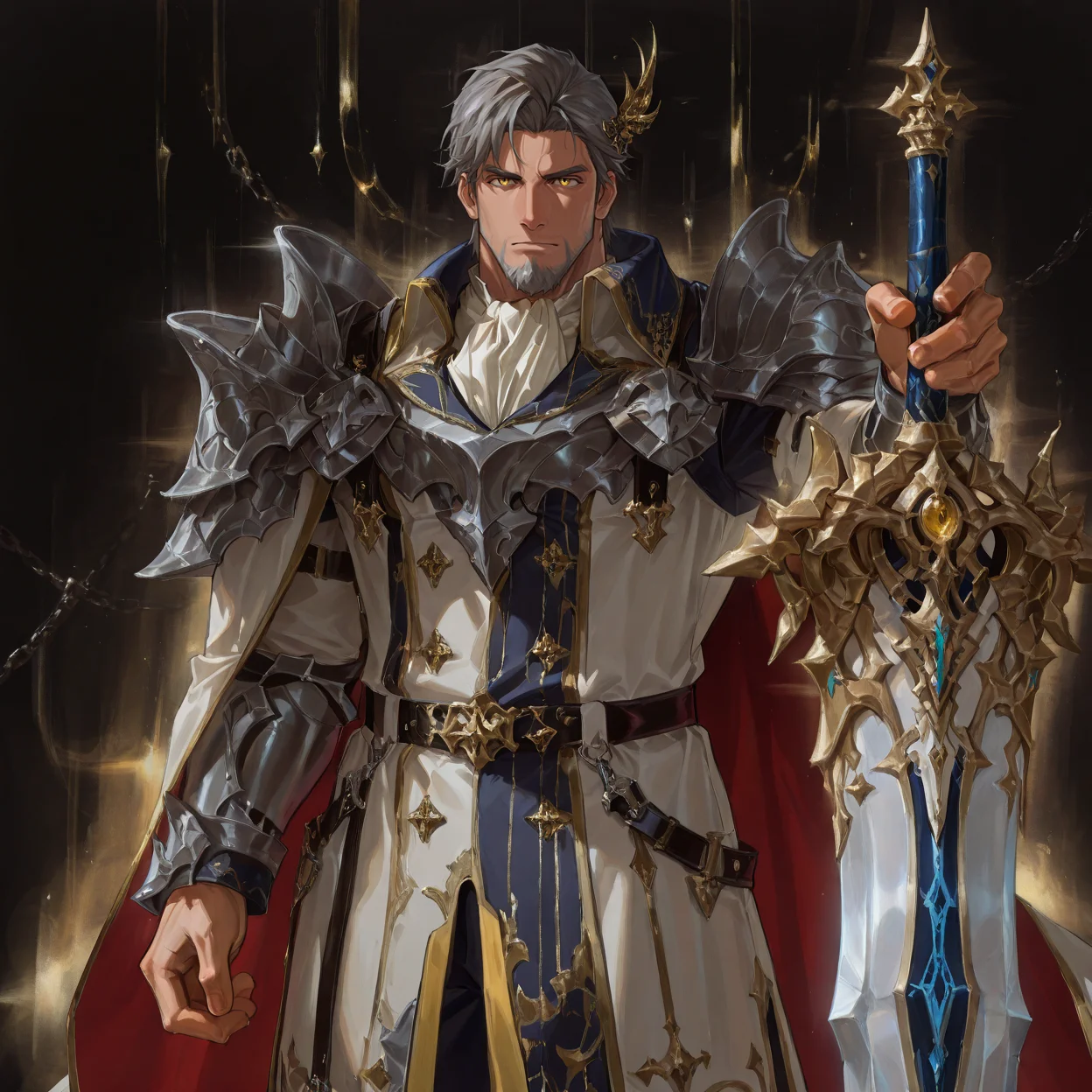 <lora:Zain_Alchemist_Code-000003:.8>, (tagatamezain, 1boy, short hair, grey hair, yellow eyes, hair ornament, solo, male focus, manly, mature male, bara, muscle body, armor, coat, ascot, cape, pants, shoes, greatsword,)
looking at the viewer, cowboy shot,
(very short hair, beard, bara, mature, facial hair, stubble, beard, full beard, sideburn, beard, a lot of beard, ), facial hair,male focus, muscular male, muscular male, bara, mature, bara, mature, aixiwuganda_(20222192), very awa, masterpiece, best quality, absurdres, newest, perfect quality, detailed background, intricate details,
<lora:slider_Body Type_alpha1.0_rank4_noxattn_last:3><lora:Anime Summer Days 2 Style SDXL_LoRA_Pony Diffusion V6 XL:.6><lora:slider_cfg_scale_boost:.7><lora:Artist6p:.55>, Artist6p, Artist04p,<lora:slider_il_brightness_slider_d1:-1><lora:slider_il_contrast_slider_d1:-1><lora:slider_DarkSlider1.2_alpha1.0_rank16_full_300steps:-.6>