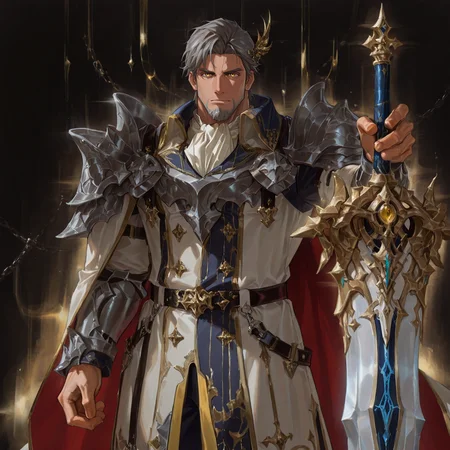 <lora:Zain_Alchemist_Code-000003:.8>, (tagatamezain, 1boy, short hair, grey hair, yellow eyes, hair ornament, solo, male focus, manly, mature male, bara, muscle body, armor, coat, ascot, cape, pants, shoes, greatsword,)
looking at the viewer, cowboy shot, 
(very short hair, beard, bara, mature, facial hair, stubble, beard, full beard, sideburn, beard, a lot of beard, ), facial hair,male focus, muscular male, muscular male, bara, mature,  bara, mature, aixiwuganda_(20222192), very awa, masterpiece, best quality, absurdres, newest, perfect quality, detailed background, intricate details,
<lora:slider_Body Type_alpha1.0_rank4_noxattn_last:3><lora:Anime Summer Days 2 Style SDXL_LoRA_Pony Diffusion V6 XL:.6><lora:slider_cfg_scale_boost:.7><lora:Artist6p:.55>, Artist6p, Artist04p,<lora:slider_il_brightness_slider_d1:-1><lora:slider_il_contrast_slider_d1:-1><lora:slider_DarkSlider1.2_alpha1.0_rank16_full_300steps:-.6>