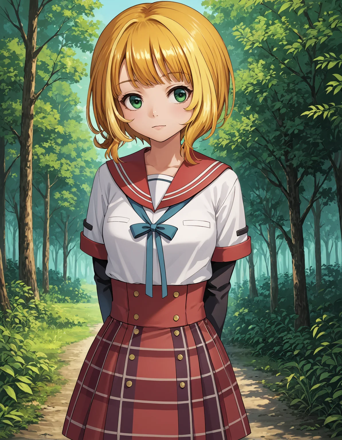 score_9, score_8_up, source_anime, 1girl, upper body, medium shot, detailed, mgrckonomiharuna, knmcsl, blonde hair, short hair, green eyes, white shirt, red sailor collar, short over long sleeves, black sleeves, blue neck ribbon, red plaid skirt, hands behind back, outdoors, forest, (side view:0.6), <lora:mgrckonomiharuna_XL:0.95>
