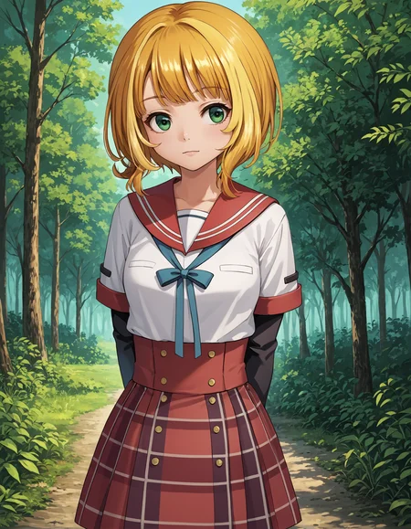 score_9, score_8_up, source_anime, 1girl, upper body, medium shot, detailed, mgrckonomiharuna, knmcsl, blonde hair, short hair, green eyes, white shirt, red sailor collar, short over long sleeves, black sleeves, blue neck ribbon, red plaid skirt, hands behind back, outdoors, forest, (side view:0.6), <lora:mgrckonomiharuna_XL:0.95>