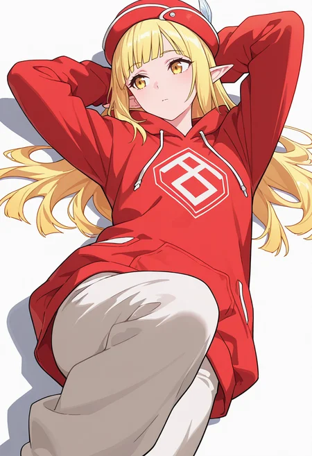 Smooth Quality,masterpiece,very intricate, high quality details, ultra realistic, high detailed skin,detailed enviorement,absurdres,
ohikaenasutte,solo,
 <lora:Rune_Noma_CNR:0.8> rune_cnr, pointy ears, blonde hair, long hair, yellow eyes, blunt bangs, elf,  red hat, hat feather,, simple background, white background, dynamic angle,
lying, hands behind head, knee bent, relaxed, casual,  ,, + -,, oversized sweater, ,raincoat,  ,baggy pants, ,