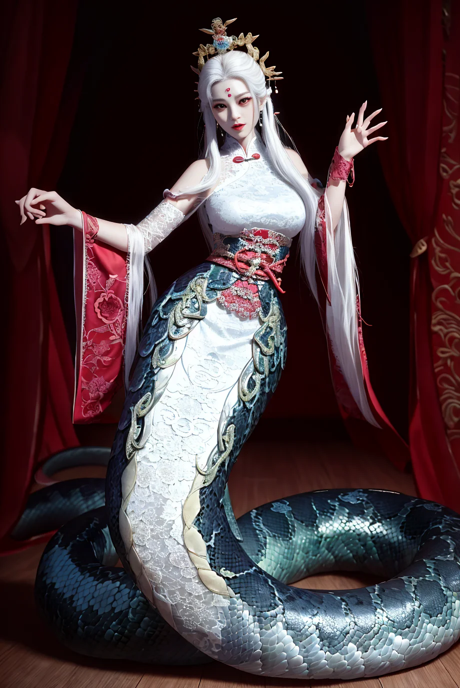 <lora:lamiaConcept_10:1.2> lamia, full body, <lora:fashionGirl_v50:0.8>masterpiece, best quality,1snake,snake,unparalleled masterpiece, ultra realistic 8k CG, perfect artwork, ((perfect female figure)), white hair, red eyes, mature female, milf, narrow waist, chinese deity, looking at viewer, seductive posture, sexy pose, alluring, clean, beautiful face, pure face, pale skin, absurdly long hair, divine goddess, shiny skin, skindentation, lace, lace trim, lace-trimmed legwear, delicate pattern, intricate detail, (rich:1.4), pres,