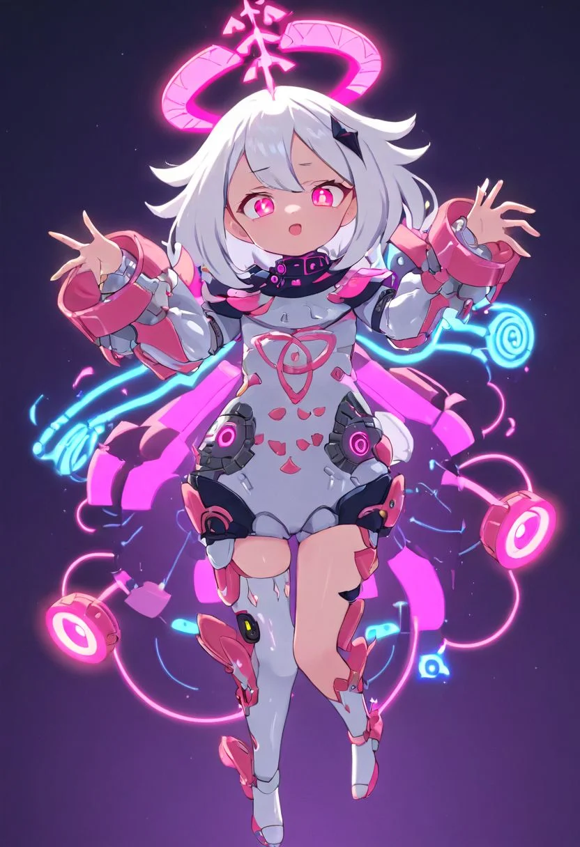 <lora:xl_paimeng girl2-000008:1>,paimeng girl,white hair,Special clothing,
,(cyberpunk:1.5),(mechanical parts:1.4),nice hands,perfect hands,(glowing eyes:1.1),(cyber armor:1.2),science fiction,<lora:add_detail:1.4>,(cyberware:1.2),pink,neon,(neon trim:1.4),(neon lights:1.2),neon palette,dynamic pose,<lora:GoodHands-beta2:1.2>,<lora:CyberPunkAI:0.2>,CyberpunkAI,
