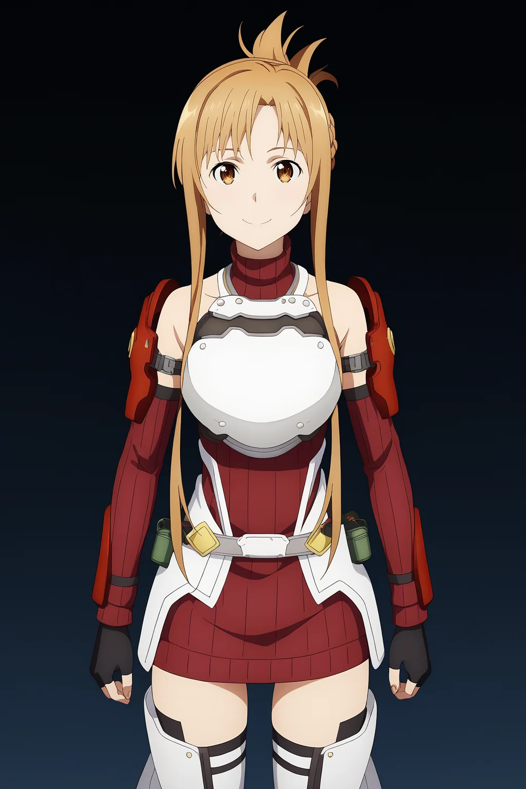 score_9, score_8_up, score_7_up, source anime, prefect lighting, very aesthetic, BREAK, anime coloring, anime screencap, official art,
<lora:asuna_sao_v2-pdv6:1>, 1girl, asuna \(sao\), sword art online, brown eyes, brown hair,
ggout, folded ponytail, ribbed sweater, red sweater dress, armor, fingerless gloves, thigh boots, white thighhighs, cowboy shot,
BREAK, looking at viewer, smile,
BREAK,