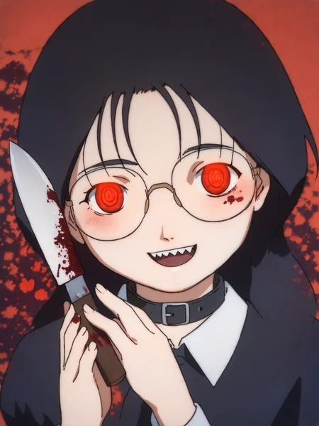 score_9, score_8_up, score_7_up, score_6_up, score_5_up, BREAK masterpiece, high quality, <lora:Yomoda_Chisa_PDXLv1.1-e97:0.7> yomoda chisa, glasses, smile, blush, hearts, evil red eyes, head tilt, <lora:Anzu_PDXLv0b:0.65>, black dress, black collar, death girl, gothic, blood on face, blood on hands, glowing eyes, upper body, open mouth, sharp teeth:1.4, holding huge bloodily knife, bloodily background,