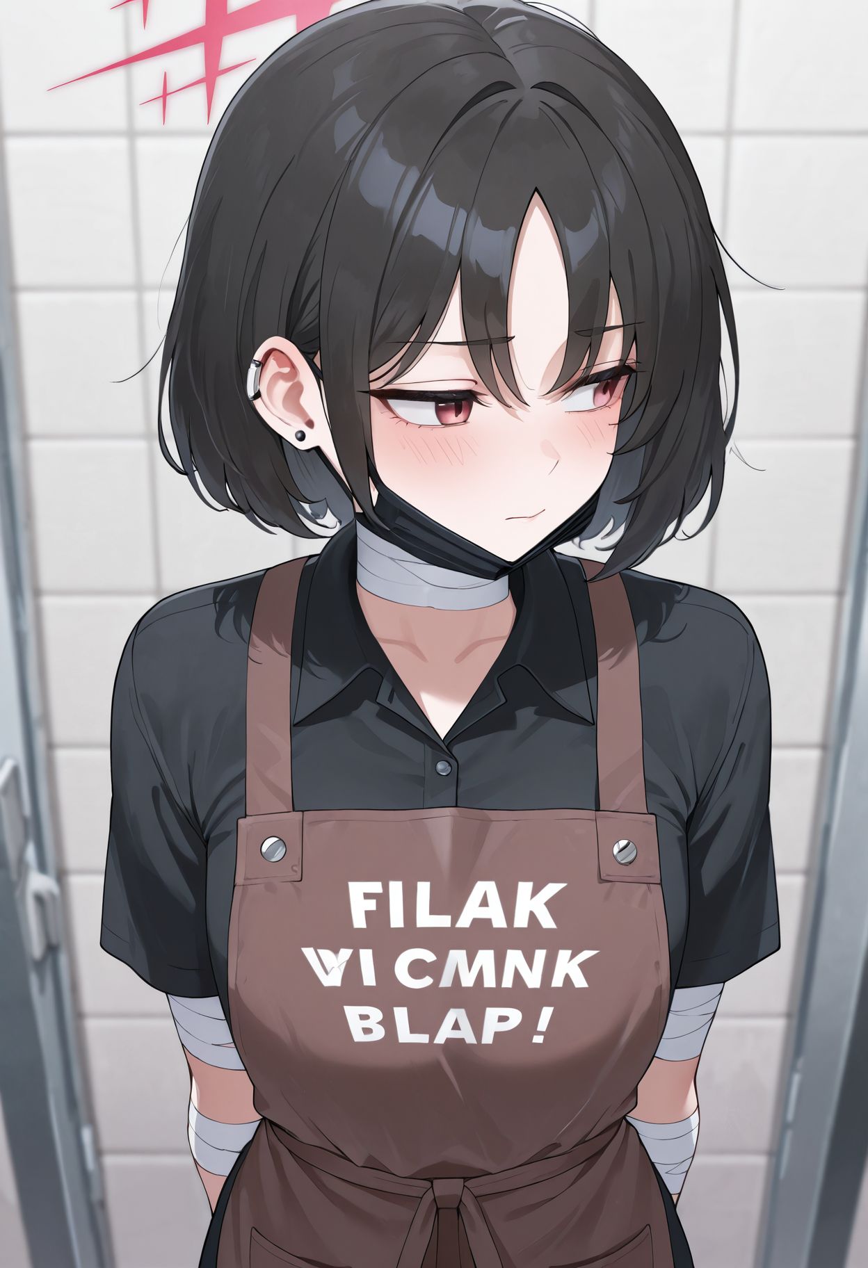 masterpiece, best quality, very aesthetic,  <lora:Imashino_Misaki_Blue_Archive_ilxl_goofy:1>misakiBA, halo, 1girl, brown apron, mouth mask, black shirt, black mask, bandaged neck, bandages, arms behind back, clothes writing, blush, short sleeves, surgical mask, closed mouth, mask pull, collared shirt, looking to the side, ear piercing, bandaged arm, english text, tiles, averting eyes