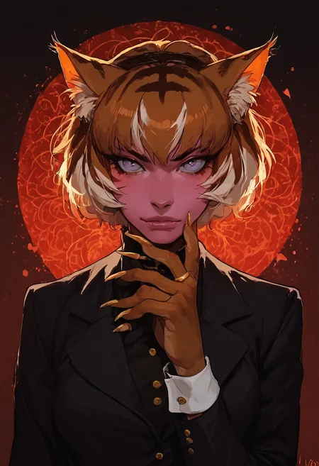 score_9, score_8_up, score_7_up, score_9, score_8_up, score_7_up,intricate, details,naturalism,hyperdetailed, 8k, 16k, masterpiece, source_furry, Female, Solo, Yo-kai, Humanoid Cat, cat tail with orange wisp, pink skin, black blazer, white stripes on blazer, yellow paws, yellow feet, claws, cat bell, white cuffs,