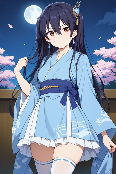 score_9,score_8_up,score_7_up,source_anime,
1girl,<lora:IchigyouRuri:0.9>,ichigyou ruri,long hair,brown eyes,black hair,hair between eyes,two side up,
jyojifuku,orihime,long sleeves,dress,kimono,hair ornament,shawl,thighhighs,frills,<lora:otohime_Pony_V1.0:1.2>,
night,moon,japanese-style courtyard,
looking_at_viewer,closed mouth,