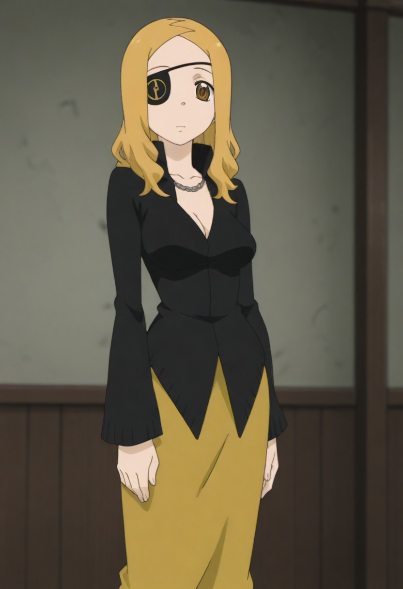 masterpiece, best quality, amazing quality, 1girl, solo,,, shiny skin,,,<lora:Marie_Mjolnir:1>mmjolnir, blonde hair, long hair, brown eyes, right eyepatch,, cleavage, necklace, black dress , gold skirt, long skirt, long sleeves, jewelry,