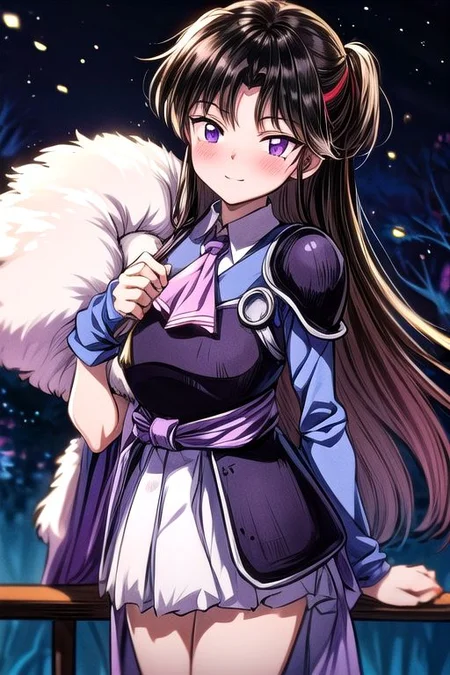 masterpiece, best quality 1girl Setsun4 solo long hair, (night time) forest background black hair very long hair purple eyes multicolored hair armor (fur trim) (medium body),<lora:EMS-179-EMS:0.800000>,<lora:EMS-293862-EMS:0.800000> bow, hair_bow, hair_tubes, red_bow, brown_hair, long_hair, bangs, ascot, frilled_bow, yellow_ascot, blush, smile, hair_between_eyes, athletic, armor, miko