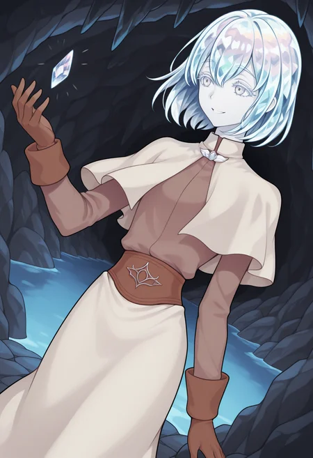 masterpiece, best quality, AclytClth, white capelet, brooch, brown shirt, long sleeves, brown gloves, belt, white skirt, long skirt, lineart, 1other, solo, d1am0nd, white skin, crystal hair, colored eyelashes, multicolored eyes, multicolored hair, short hair, hair between eyes, indoors, cave, crystal, lake, smile, dutch angle, <lora:ChamFemaleAcolyteClothesIllustriousXL:1>, <lora:Hoseki_LandOfTheLustrous_Diamond_IllustriousXL_v1:0.8>