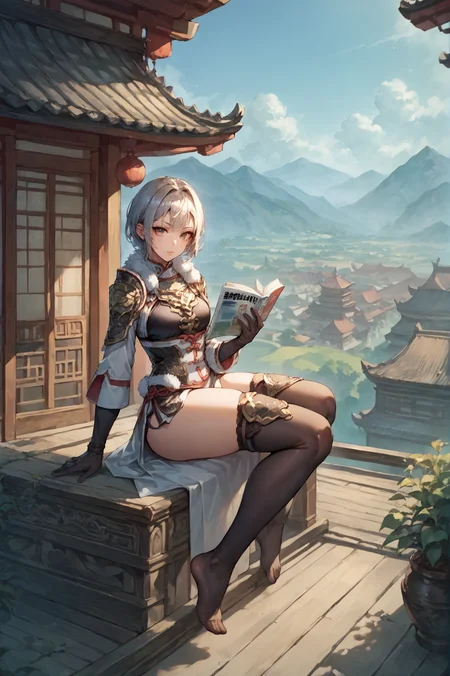 score_9, score_8_up, score_7_up, source anime, She lies on her stomach, her feet in the air, reading a magazine.,<lora:Lu_Lingqi_Dynasty_Warriors:0.7>1 girl, solo, short hair, armor, gloves, fur trim, thighhighs, looking at viewer, east asian architecture