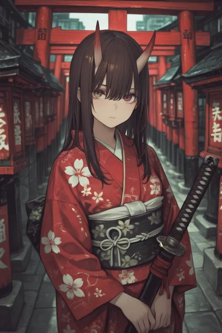 <lora:LCMV2-PONYplus-PAseer:1>
 <lora:Nightmare_Katana_IL:0.8>
1girl, bangs, banner, black hair, blurry, brown hair, city, closed mouth, depth of field, floral print, hair between eyes, holding, holding sheath, holding sword, japanese clothes, katana, kimono, long hair, long sleeves, looking at viewer, multiple torii, obi, oni, outdoors, pagoda, paper lantern, poster \\(object\\), red eyes, red kimono, sash, sheath, sheathed, shrine, sign, solo, sword, torii, weapon, year of the ox, yellow eyes