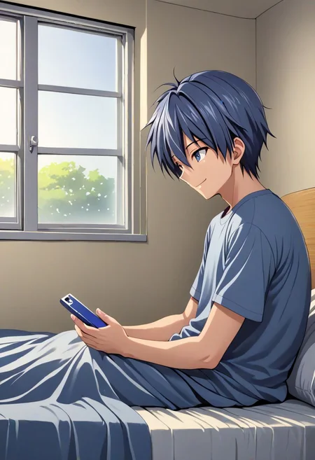 high resolution, solo, best quality, 1Boy, Tomoya Okazaki, Grey Blue Hair, holding smartphone, t-shirt, on the bed, sunny day, window, smile, open eyes, side view, sit, nap, indoor, bed room, OverallDetail