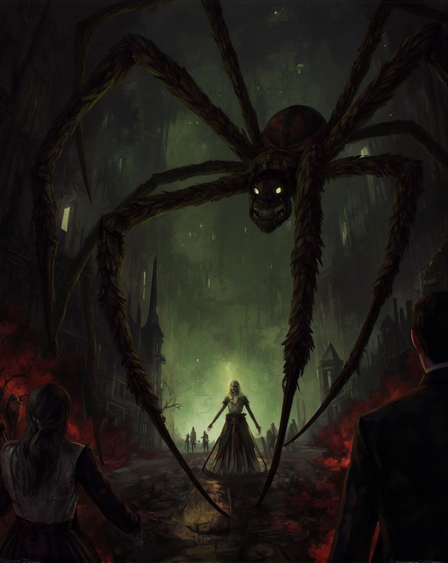 <lora:ck-LttleGhost-000011.safetensors:1> in the style of ck-lttlegh0stIn this disturbing painting, towering spiders invade a mid-19th century setting, their twisted forms illuminated by eerie light. Figures in period attire are frozen in terror, while the dark color palette, punctuated by bursts of red and green, creates an atmosphere of overwhelming dread. The masterful brushwork heightens tension and unease throughout this haunting scene.