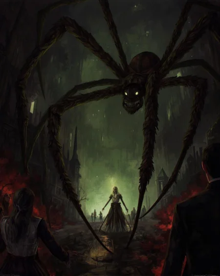 <lora:ck-LttleGhost-000011.safetensors:1> in the style of ck-lttlegh0stIn this disturbing painting, towering spiders invade a mid-19th century setting, their twisted forms illuminated by eerie light. Figures in period attire are frozen in terror, while the dark color palette, punctuated by bursts of red and green, creates an atmosphere of overwhelming dread. The masterful brushwork heightens tension and unease throughout this haunting scene.
