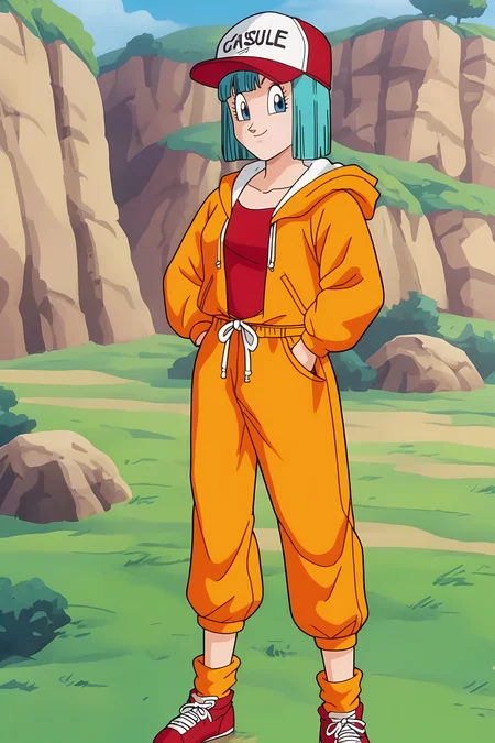 source_anime, score_9, score_8_up, score_7_up, anime screencap, high quality, 8k, absurdres, official style, 
bulma, android saga, short hair, aqua hair, bangs, blue eyes, bob cut
orange jumpsuit outfit, orange hoodie, orange legwear, red sneakers, socks, english text, baseball cap, red headwear, collarbone, hood down, open hoodie, orange sweatpants, red shirt, shirt tucked in, print headwear,
canyon, rock, dappled sunlight, hand on headwear, smile, from above, 
 <lora:bulmaDBZ_pony_v2:0.8>