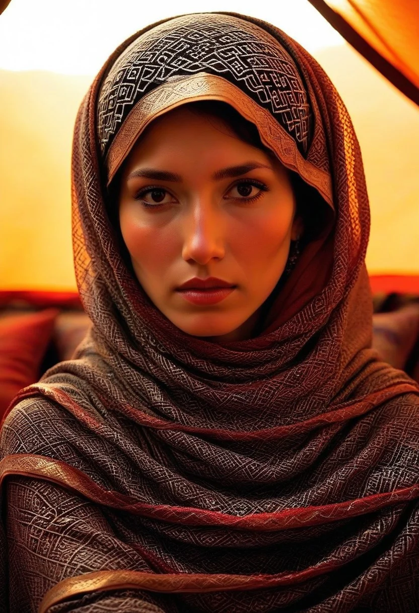 A stunning, ultra-realistic portrait of pale skinned Tiaris inside an oriental tent, her face partially obscured by an intricately woven, earthy veil. Her deep, dark gaze tells a story of resilience, mystery, and unspoken emotions. Warm red tones from a tent's cloths softly illuminate her cheekbones and textured skin, highlighting every fine detail with breathtaking realism.
She wears traditional desert clothing, adorned with delicate embroidery and subtle metallic accents that catch the light. In the background, we see the fabrics and cushions of a tent in the tradition of Arabic or Moroccan cultures. A dramatic yet natural lighting arrangement enhances the cinematic quality of the scene, lending it a sense of intimacy and grandeur.