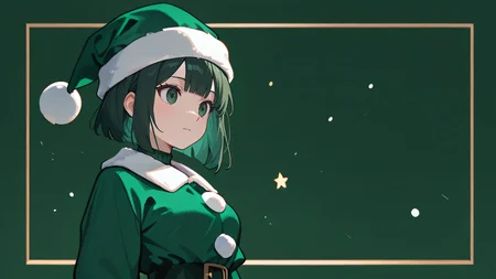 ,masterpiece,best quality,newest, <lora:Wallpaper_Girls:1.0> wallpaperstyle, wallpaper, 1girl, christmas themed, green santa hat, green outfit, dark green background