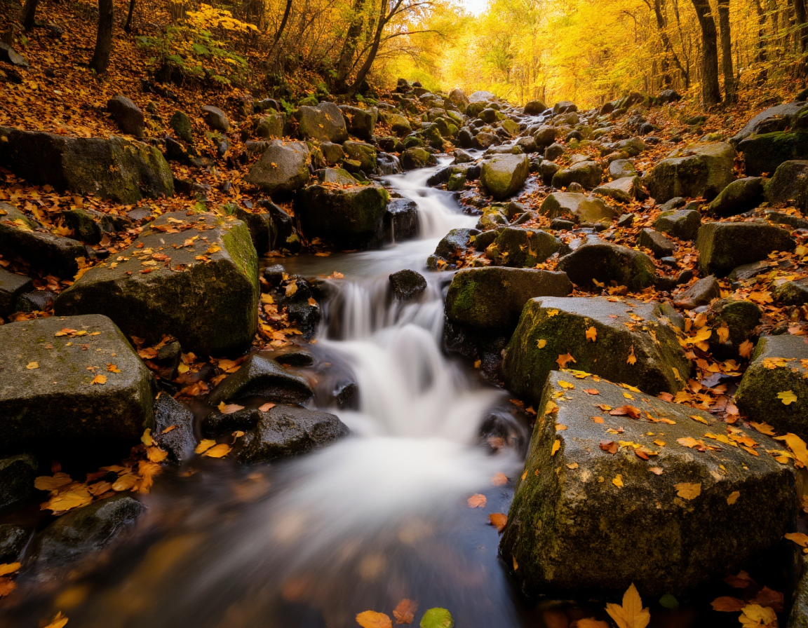 <lora:{blur, }Blur-000018:0.85> blur, 8k resolution, long exposure of a forest stream, autumn leaves scattered on rocks, blurred water motion, sunlight filtering through trees, golden and amber hues, mossy rock texture, vibrant foliage, soft diffused light, Fujifilm X-T4, 10-second exposure, f/8, ISO 200, artistic. . 35mm photograph, film, bokeh, professional, 4k, highly detailed