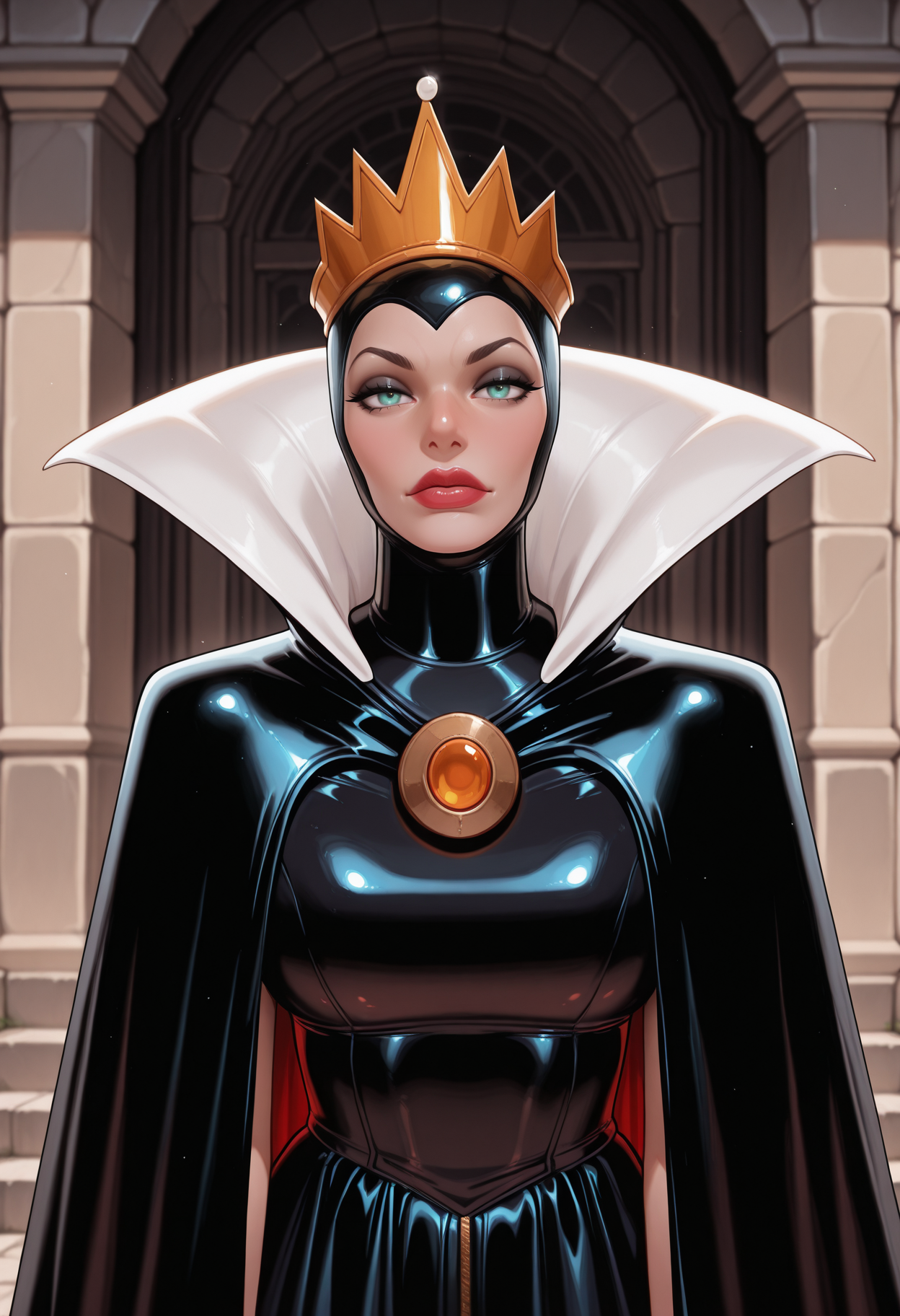 masterpiece, best quality, amazing quality, , ,evilq33n, <lora:evilQueenIllustrious:0.9>
, , cape, crown,  dress, portrait, <lora:latexHoodIllustrious:0.7> black  latexHood, nohair, outside,