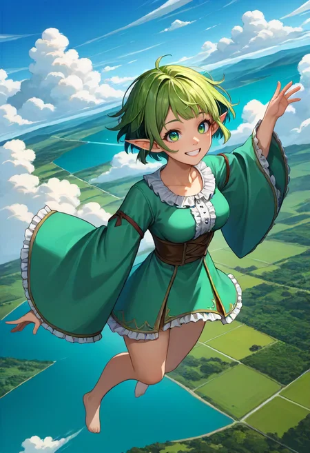 score_9, score_6_up, source_anime, 1girl, solo, full body, from above, day, clouds, earth, jumping, green hair, very short hair, topknot, two-tone eyes, elf, pointy ears, medium breasts, wide sleeves, frilled shirt, smile, teeth