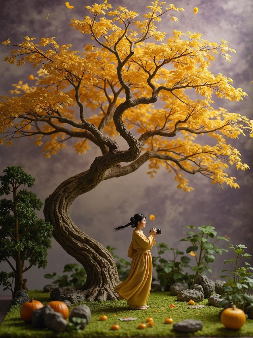 <lora:ck-plastic-models.safetensors:1> a diorama of a plastic model kit featuring
In the heart of the palace gardens, a tree stands, its branches twisting in impossible, serpentine arcs. The leaves shimmer in shades of golden yellow, each one seeming to pulse with an inner light. The sky above is a mottled, dreamlike blend of soft purple and darkening shadows, as if night is seeping through the fabric of reality. The grass below, once a simple patch of green, now undulates like a living sea, its blades curling and uncurling in a hypnotic dance.
Lady Wei Mei-Ling, 58, stands at the base of the tree, her silk robes swaying in a breeze that seems to come from nowhere. Her normally bright eyes areglassy, reflecting the surreal transformation of the scene. She holds her light-capturing device close,_reloadcing the lens with trembling hands. Her breath comes in shallow, rapid gasps, as if she's struggling to hold onto the last threads of her sanity.
The tree's branches, in a moment of eerie clarity, begin to shift and morph, taking on the forms of twisted, smiling faces. Each face whispers secrets in a language only Lady Wei can understand, their laughter echoing through the air. The golden leaves, now more like fluttering insects, swirl around her, teasing her senses.
Lady Wei's hands, usually so steady, fumble as she tries to capture the moment. Her fingers freeze on the shutter, and she closes her eyes, letting the surreal beauty of the scene seep into her soul. When she opens them again, the tree stands tall and still, the faces gone, the leaves once more just leaves. But the echo of their laughter lingers, a haunting reminder of the thin line between reality and delusion.