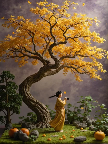 <lora:ck-plastic-models.safetensors:1> a diorama of a plastic model kit featuring
In the heart of the palace gardens, a tree stands, its branches twisting in impossible, serpentine arcs. The leaves shimmer in shades of golden yellow, each one seeming to pulse with an inner light. The sky above is a mottled, dreamlike blend of soft purple and darkening shadows, as if night is seeping through the fabric of reality. The grass below, once a simple patch of green, now undulates like a living sea, its blades curling and uncurling in a hypnotic dance.
Lady Wei Mei-Ling, 58, stands at the base of the tree, her silk robes swaying in a breeze that seems to come from nowhere. Her normally bright eyes areglassy, reflecting the surreal transformation of the scene. She holds her light-capturing device close,_reloadcing the lens with trembling hands. Her breath comes in shallow, rapid gasps, as if she's struggling to hold onto the last threads of her sanity.
The tree's branches, in a moment of eerie clarity, begin to shift and morph, taking on the forms of twisted, smiling faces. Each face whispers secrets in a language only Lady Wei can understand, their laughter echoing through the air. The golden leaves, now more like fluttering insects, swirl around her, teasing her senses.
Lady Wei's hands, usually so steady, fumble as she tries to capture the moment. Her fingers freeze on the shutter, and she closes her eyes, letting the surreal beauty of the scene seep into her soul. When she opens them again, the tree stands tall and still, the faces gone, the leaves once more just leaves. But the echo of their laughter lingers, a haunting reminder of the thin line between reality and delusion.