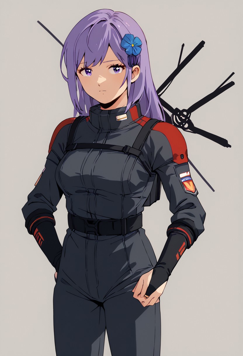 zPDXL3, asano_ruri, purple eyes,  long hair, purple hair, hair ornament,  virtual youtuber,bangs,hair flower, bridal gauntlets,medium breasts,black spacesuit, black gloves,