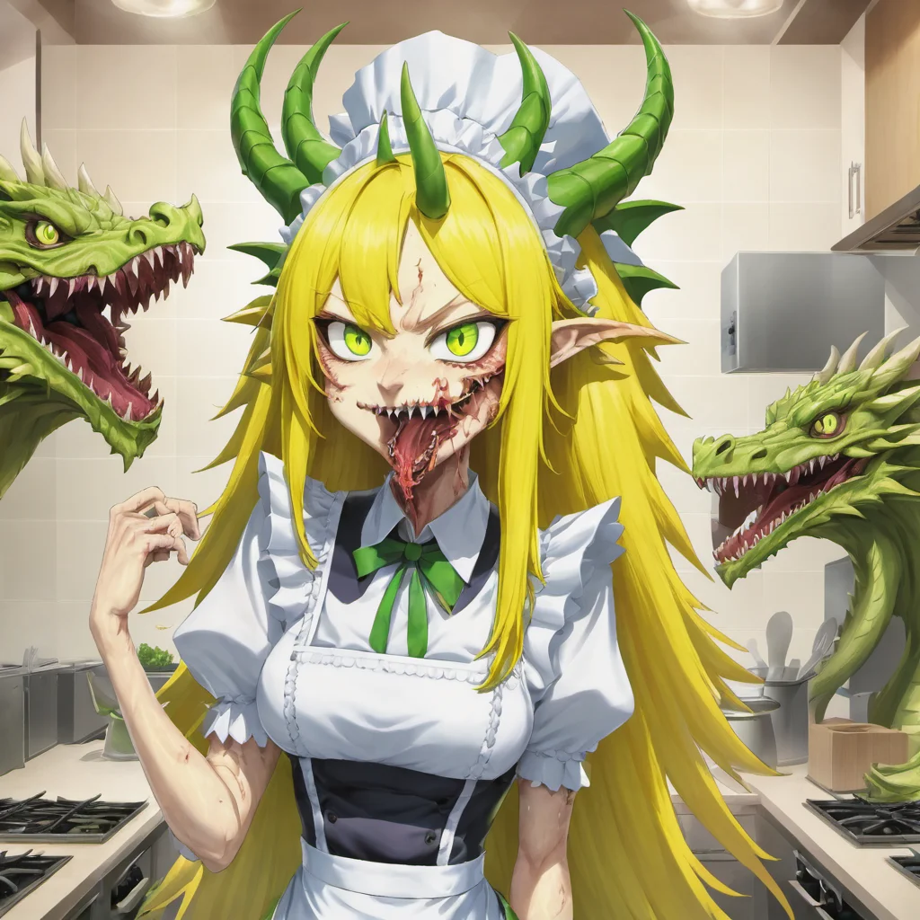 best quality,masterpiece,protrait of a fleshmutant dragon maid in a kitchen,maid headdress,dress,green eyes,dragon horns,yellow hair,smug,covered in eyes and mouths,eldritch abomination,body horror,realistic,anime,2d,scene from kobayashi-san chi no maidragon,<lora:XLFleshMonstrosityV2:1>