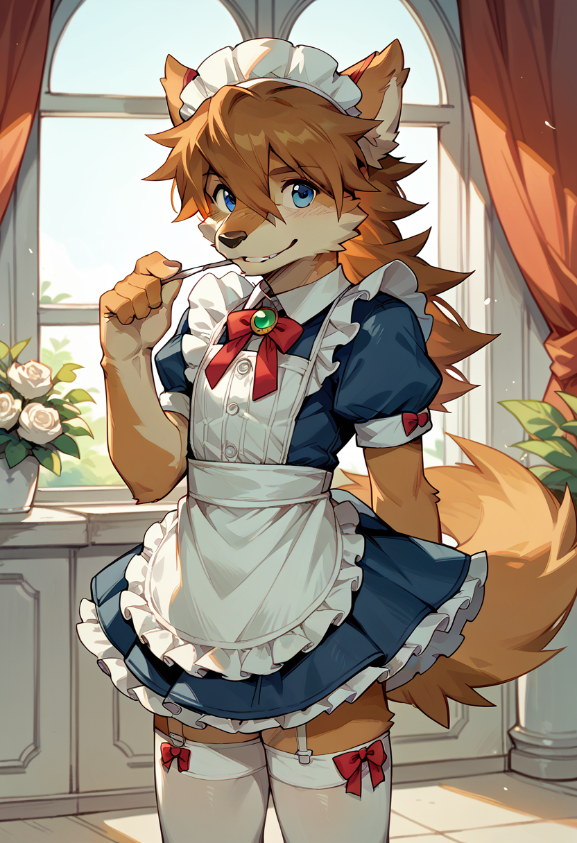 score_9, score_8_up, score_7_up, high res, best quality, red_savarin_solatorobo, furry, solo, 1boy, blue eyes, brown hair, stockings, cute dress, maid headwear, <lora:Red_Savarin_Solatorobo:1>