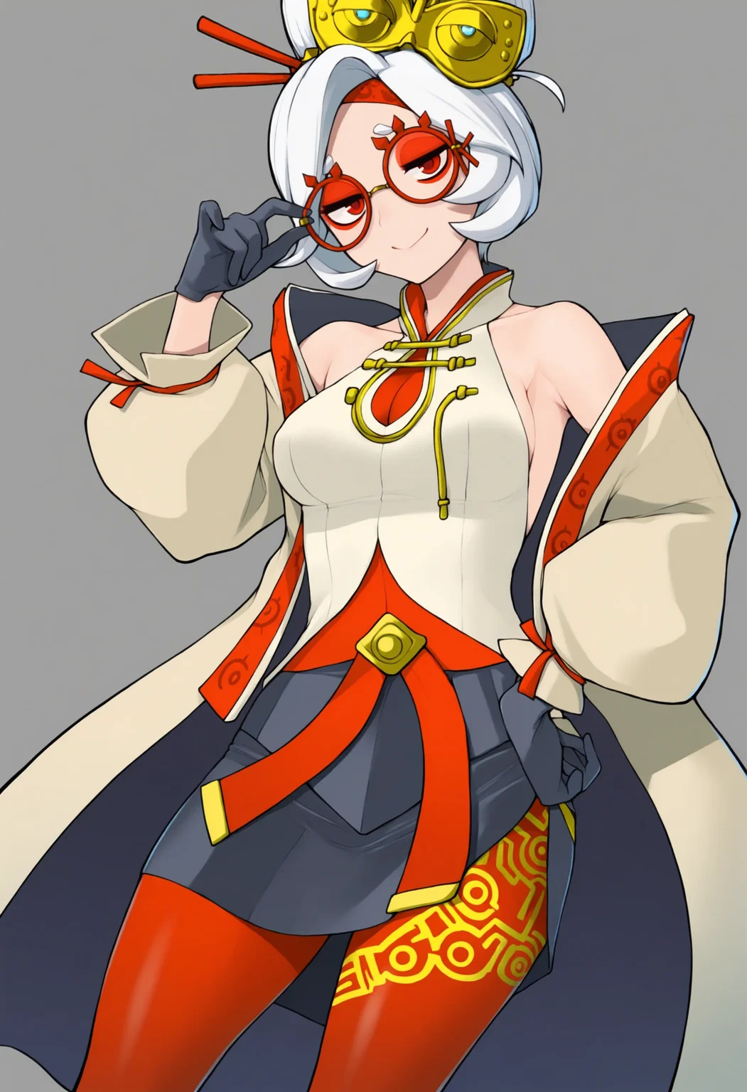 masterpiece, best quality, solo, 1girl, smile, looking at viewer, <lora:Yasuda-Suzuhito-illus_Fp:1>, simple background, purah, white hair, red eyes, red glasses, eyewear, coat, off shoulder, sash,black skirt, red leggings, adjusting eyewear, standing,