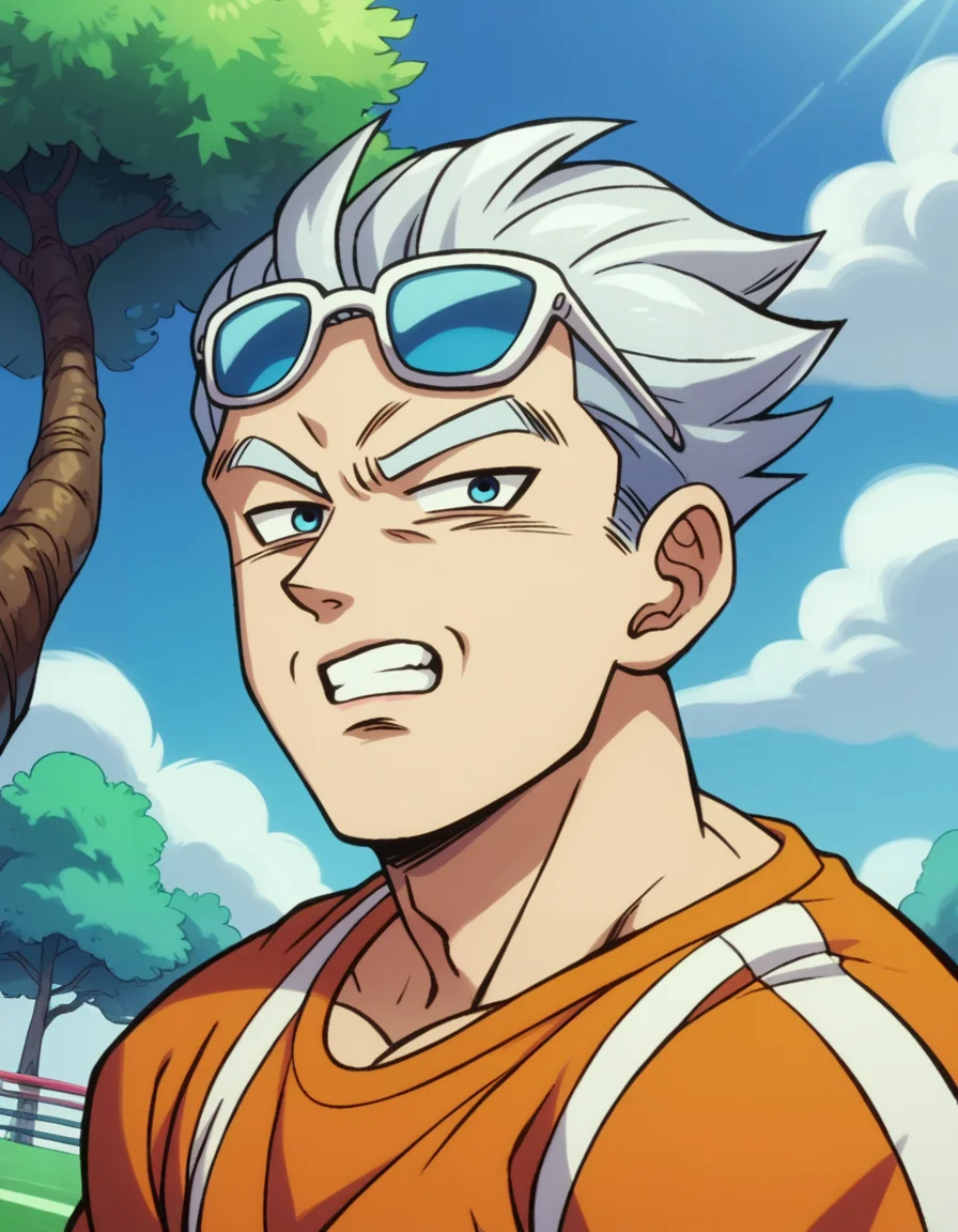 zPDXL, score_9, score_8_up, score_7_up, score_6_up, score_5_up, source_anime, 4k, absurdres, 1boy, solo,
<lora:Broly_v1:0.8> dbsb, aging korean man symmetrical face rounded nose topaz cat-eye eyes gapped teeth, straight silver twists hip-hop fashion soccer shirt cropped pants sunglasses, hunting blind