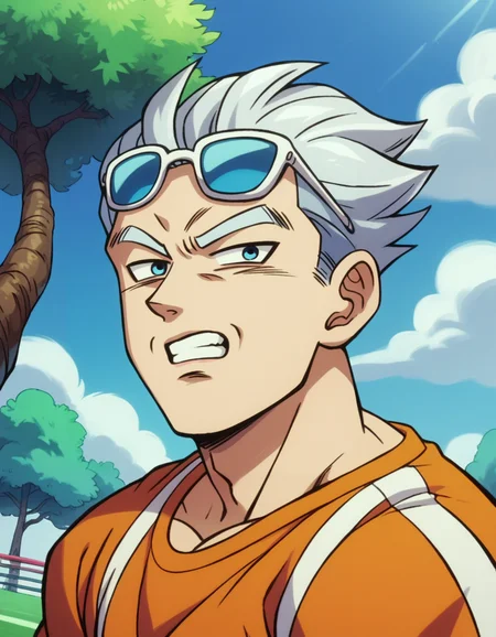 zPDXL, score_9, score_8_up, score_7_up, score_6_up, score_5_up, source_anime, 4k, absurdres, 1boy, solo,
<lora:Broly_v1:0.8> dbsb, aging korean man symmetrical face rounded nose topaz cat-eye eyes gapped teeth, straight silver twists hip-hop fashion soccer shirt cropped pants sunglasses, hunting blind