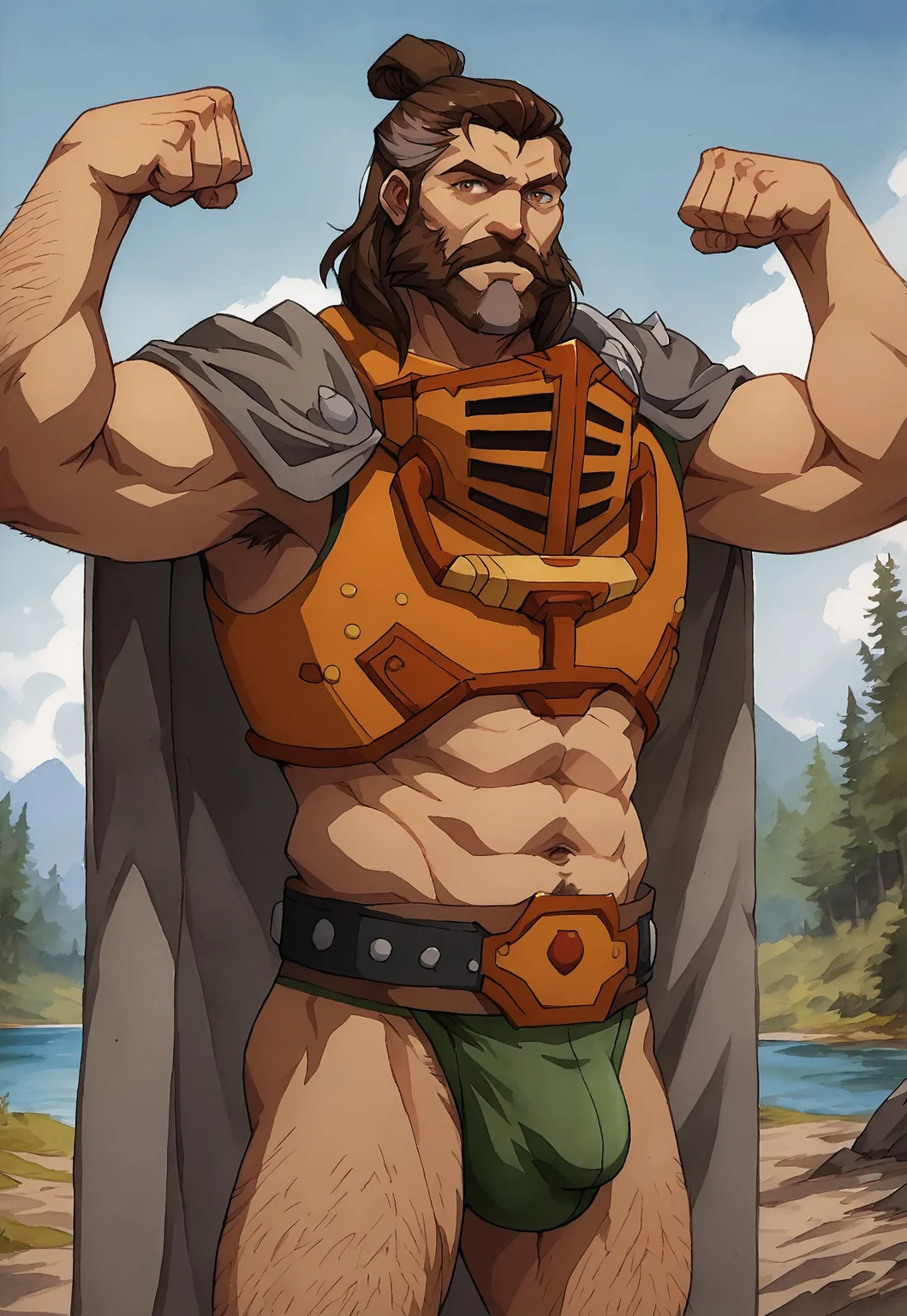 score_9, score_8_up, DuncanExile, medium hair, hair bun, two-tone hair, brown hair, greying hair, brown eyes, beard, mustache, muscular, mature male, grey cape, orange armor, belt, looking at viewer, smile, dynamic pose, detailed background, dutch angle, forest, blue sky, clouds, flexing, sexy posing, green thong, big bulge, hairy, hairy legs, hairy arms, navel hair, Expressiveh, hairy chest, watercolor \(medium\), traditional media,