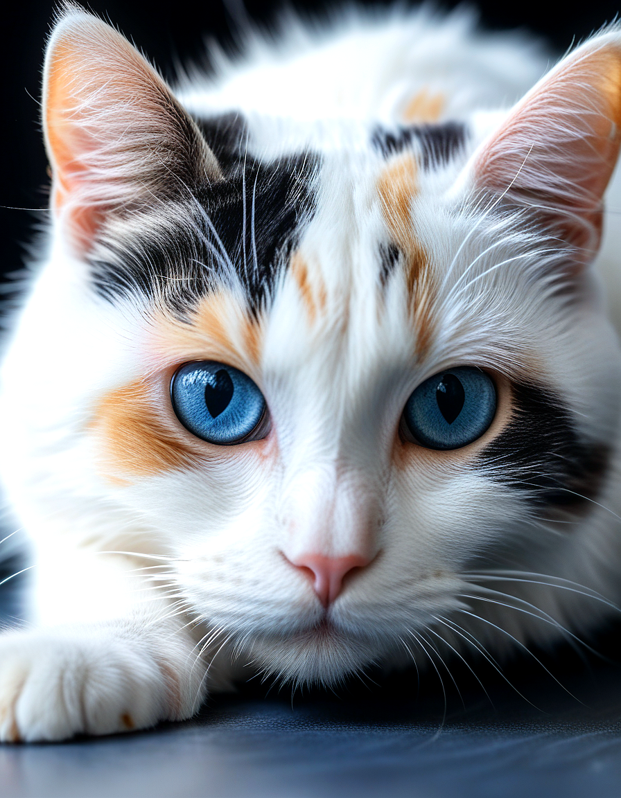 solid white background, closeup shape of a white calico cat crawling, 8k, hdr, dark blue crystal eyes, solid black background, detailed eyes,
