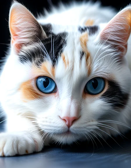 solid white background, closeup shape of a white calico cat crawling, 8k, hdr, dark blue crystal eyes, solid black background, detailed eyes,