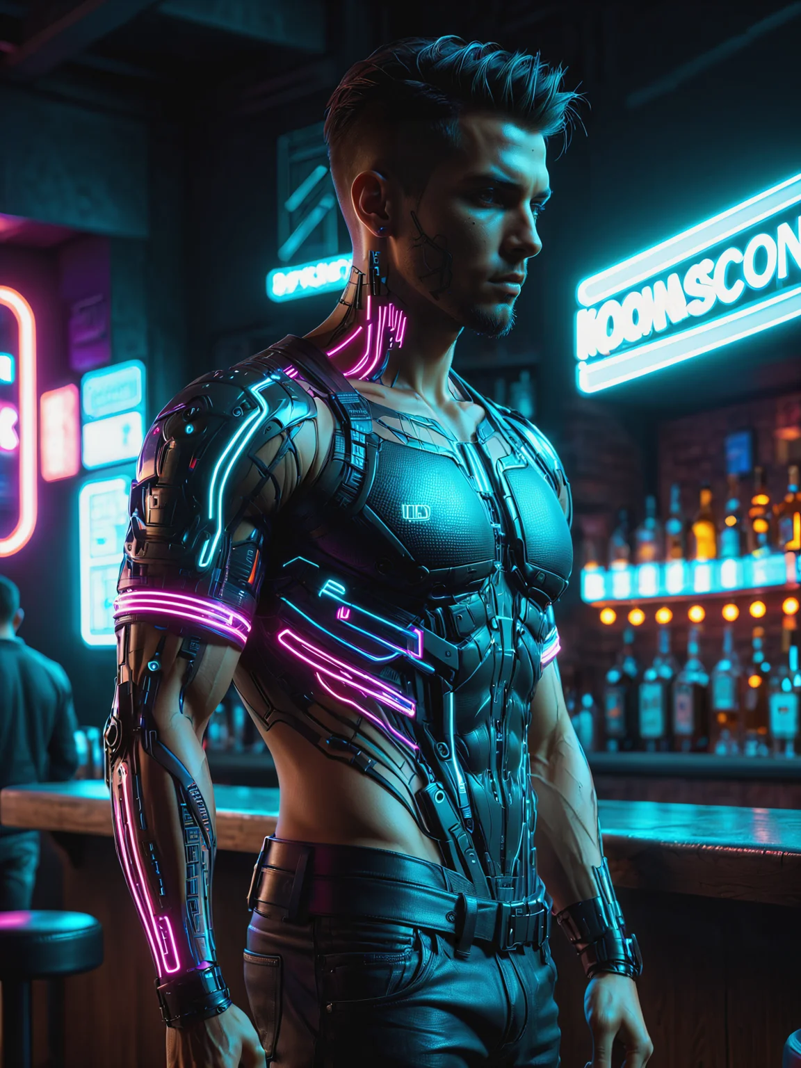 man, mad-neonbody, cyberpunk, bar, black t-shirt, night, neon light, dynamic pose <lora:Neon_Cyberpunk_Neon_Body_SDXL:0.6>, raw photo, film grain, (photorealistic, realistic:1.2), deep shadow, 8k, uhd, dslr, ultra high res