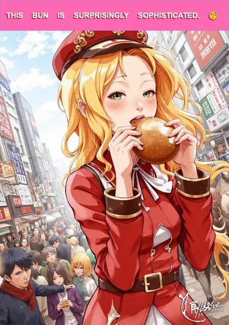 <lora:dmd2_sdxl_4step_lora_fp16:1>
1girl, klee \(genshin impact\), official costume, eating burger, cowboy shot, dutch angle,
outdoors, tokyo \(city\), crowd, audience, general,, small tits