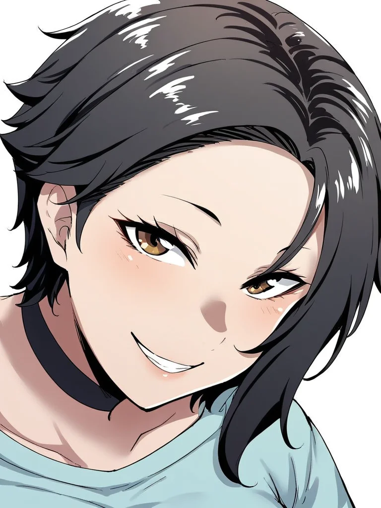 score_9, score_8_up, score_7_up,
1girl, ryoka tt, mature female, black hair, short hair, asymmetrical hair, large breasts, brown eyes,
close-up, face, smile, looking at viewer, white background, choker, t-shirt,