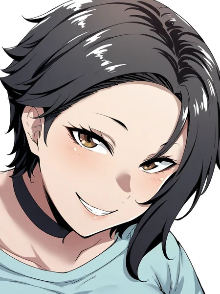 score_9, score_8_up, score_7_up,
1girl, ryoka tt, mature female, black hair, short hair, asymmetrical hair, large breasts, brown eyes,
close-up, face, smile, looking at viewer, white background, choker, t-shirt,