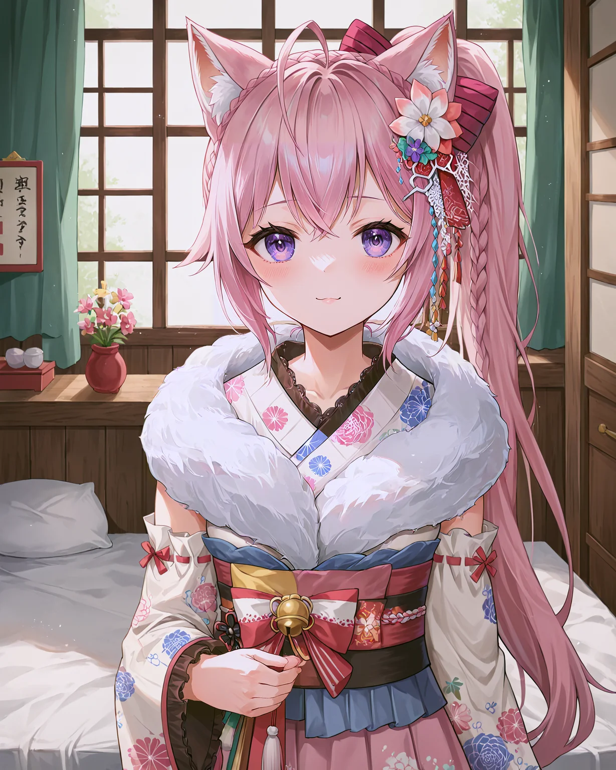 <lora:HOLOLIVE_Hakui_Koyori_XL:0.7> hakui koyori, purple eyes, pink hair, bangs, crossed bangs, hair between eyes, ahoge, braid, hair ornament, animal ears, animal ear fluff, tail, long hair, crown braid, ponytail, side ponytail, flower, hair flower, bow, fur collar, fur scarf, kimono, pink kimono, frilled kimono, japanese clothes, floral print, sash, obi, long sleeves, wide sleeves, frilled sleeves, upper body,, <lora:9_Detail_Tweaker_XL:0.8>, score_9, score_8_up, score_7_up, source_anime, masterpiece, best quality, highly detailed background, cinematic lighting, detailed eyes, perfect face,, lazy, teenager room, messy, bedroom, bed sheet, closet,